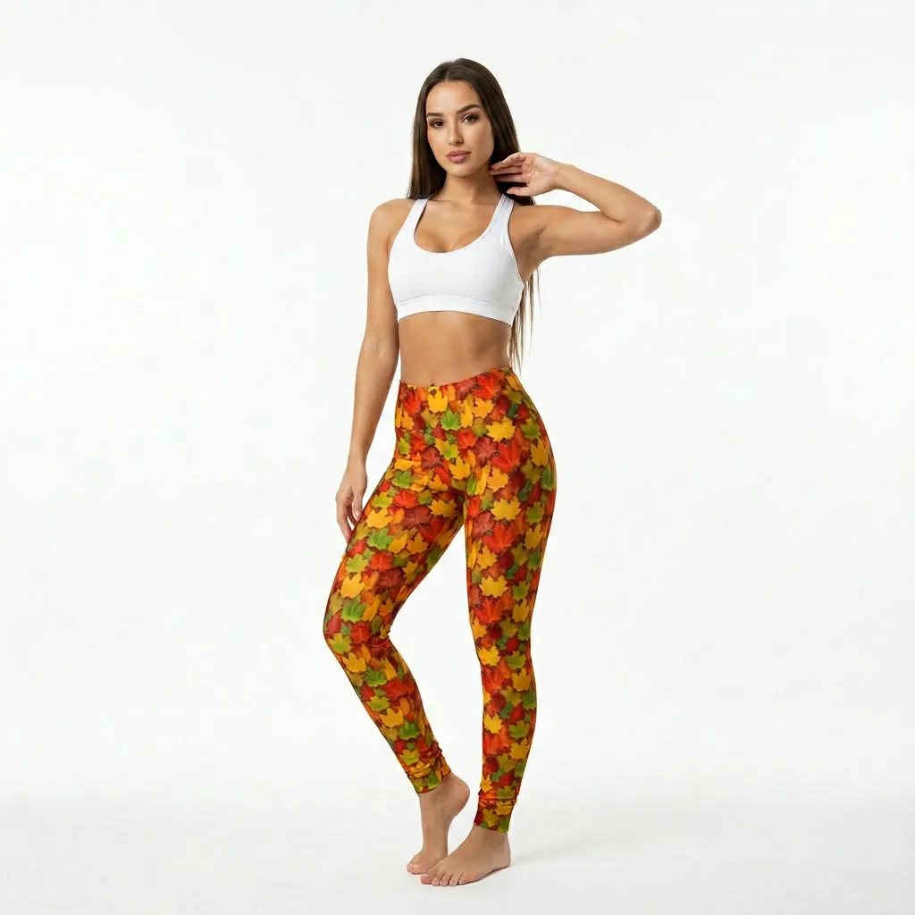 Model wearing autumn maple leaves leggings