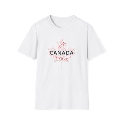 Canada first, last, always maple word cloud t shirt front