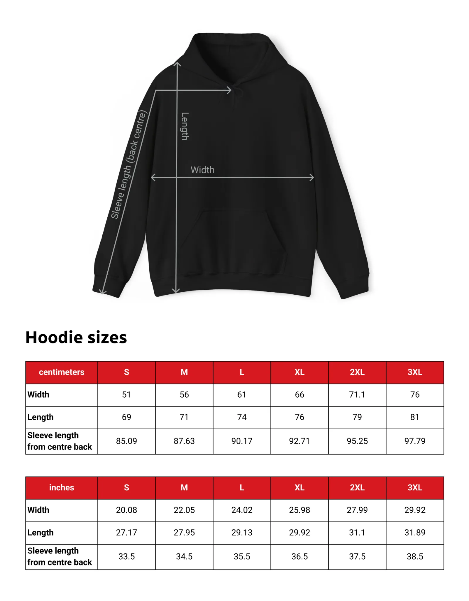 Hoodie sizing chart