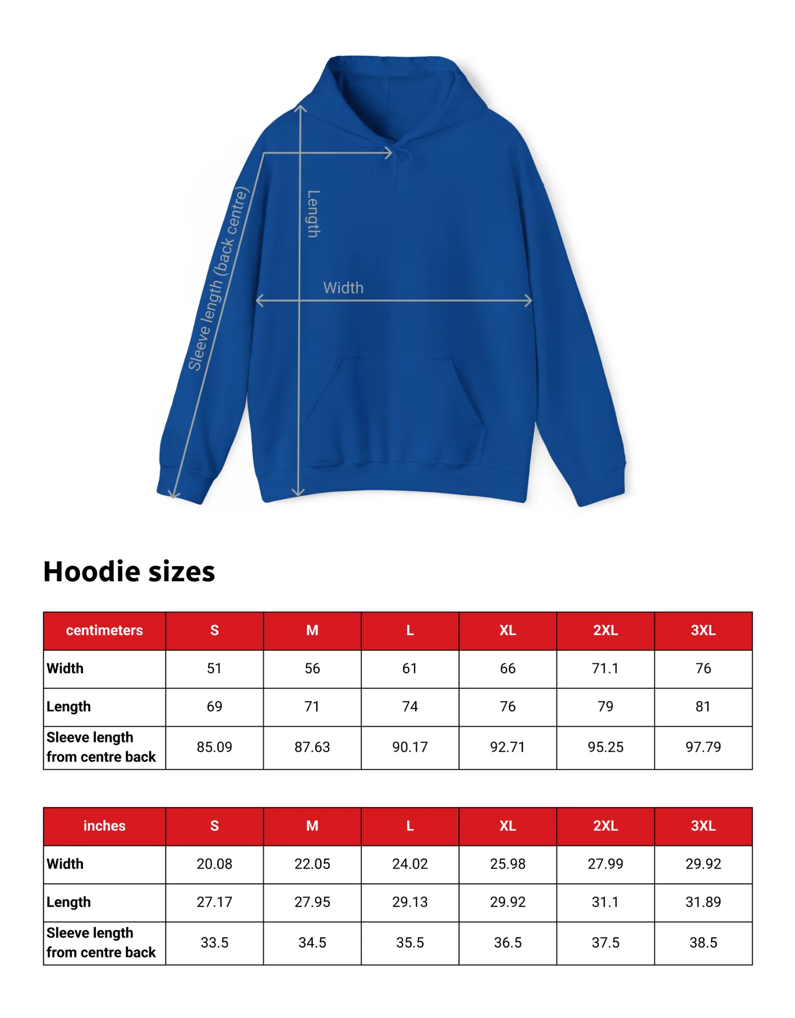 Hoodie sizing chart