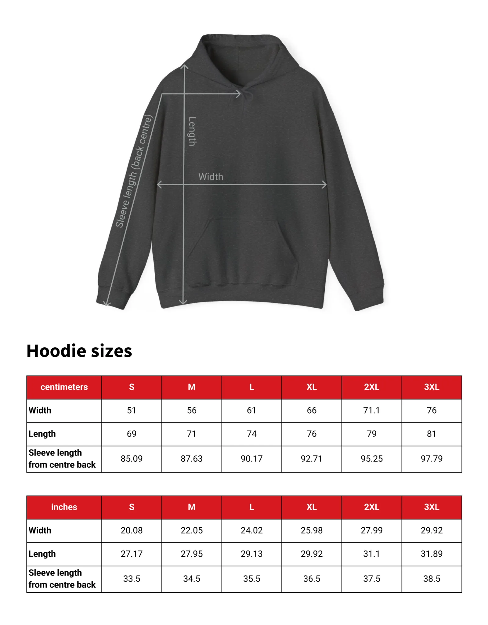 Hoodie sizing chart