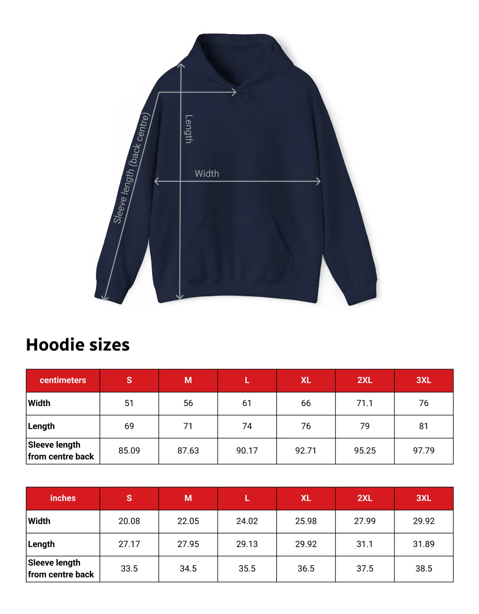 Hoodie sizing chart