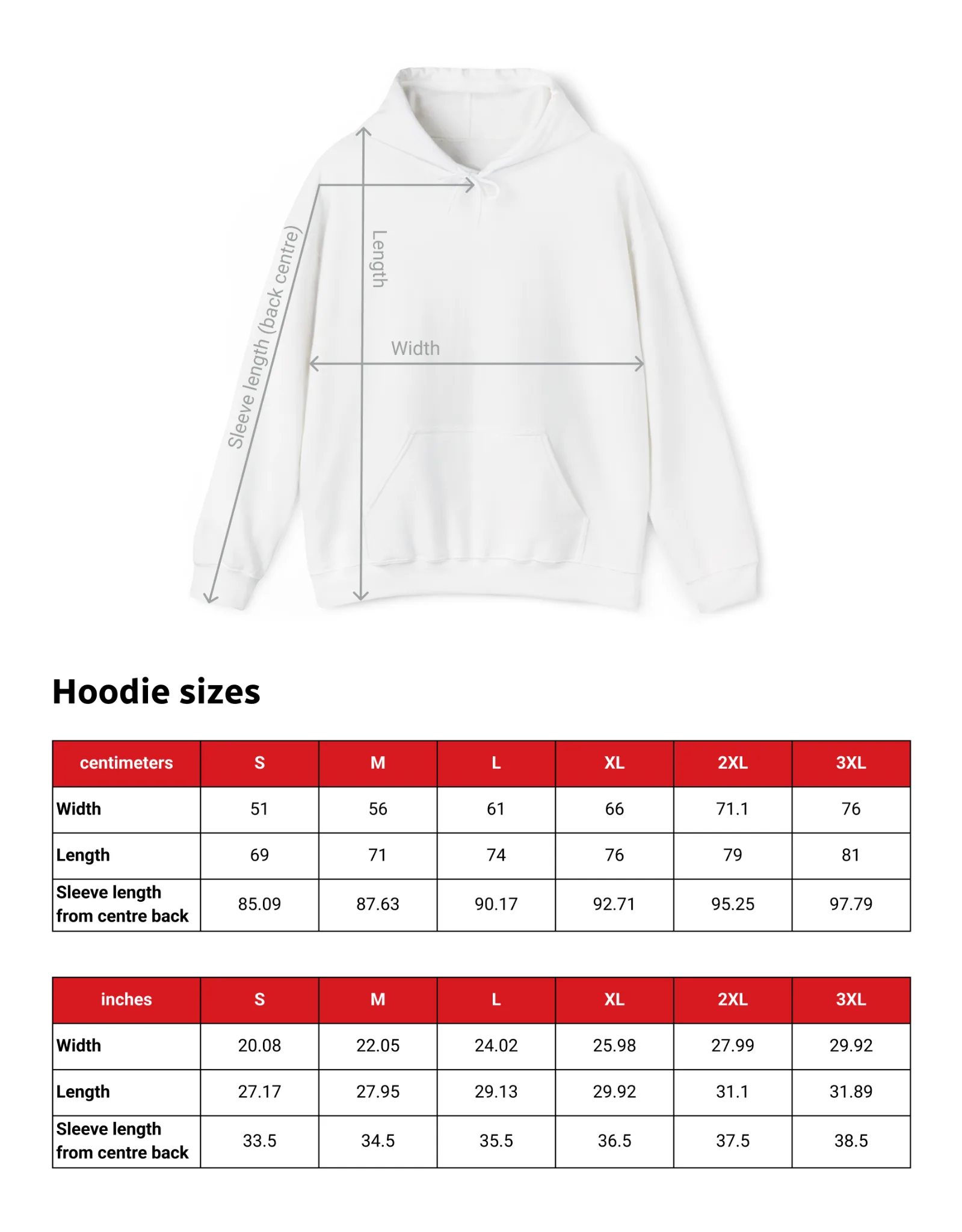Hoodie sizing chart
