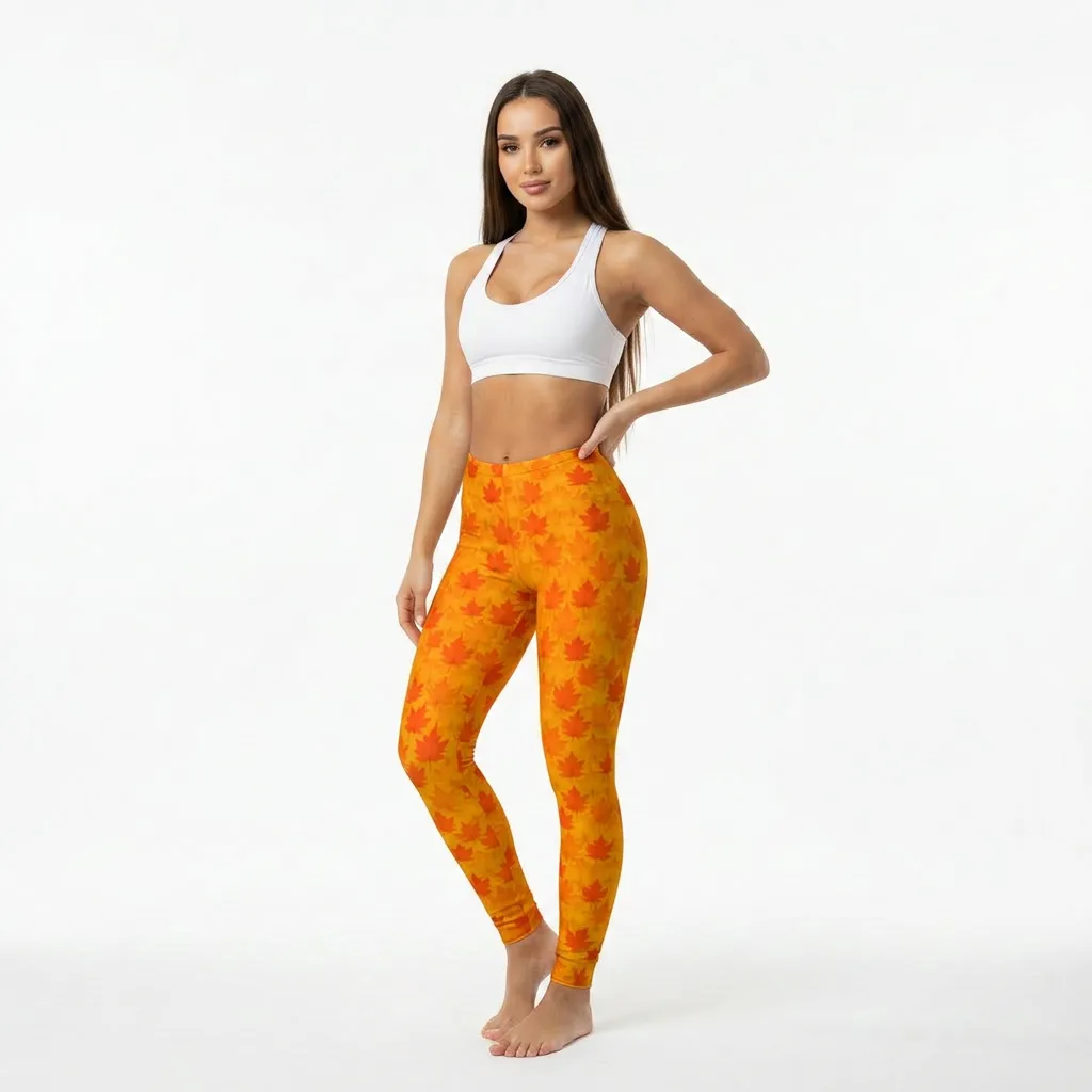 Model wearing maple pattern leggings