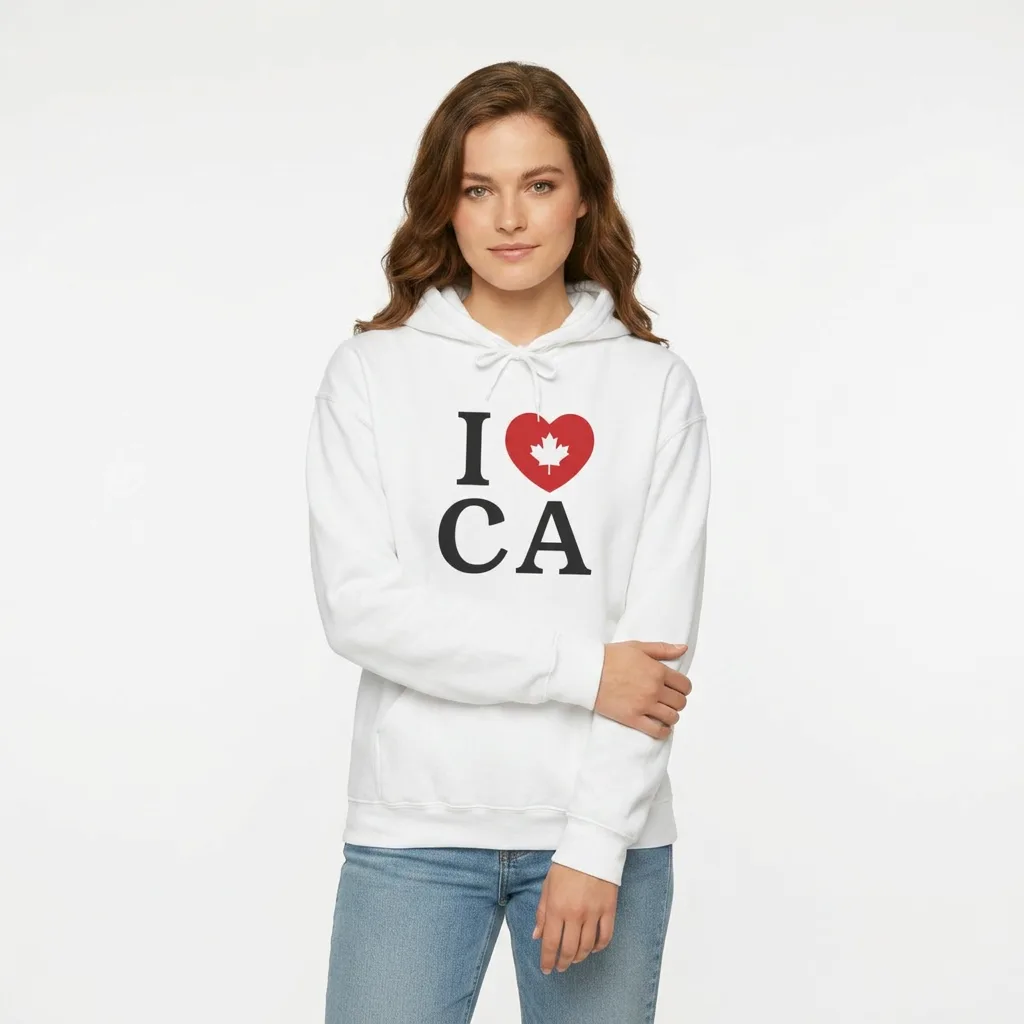 Model wearing I heart Canada hoodie
