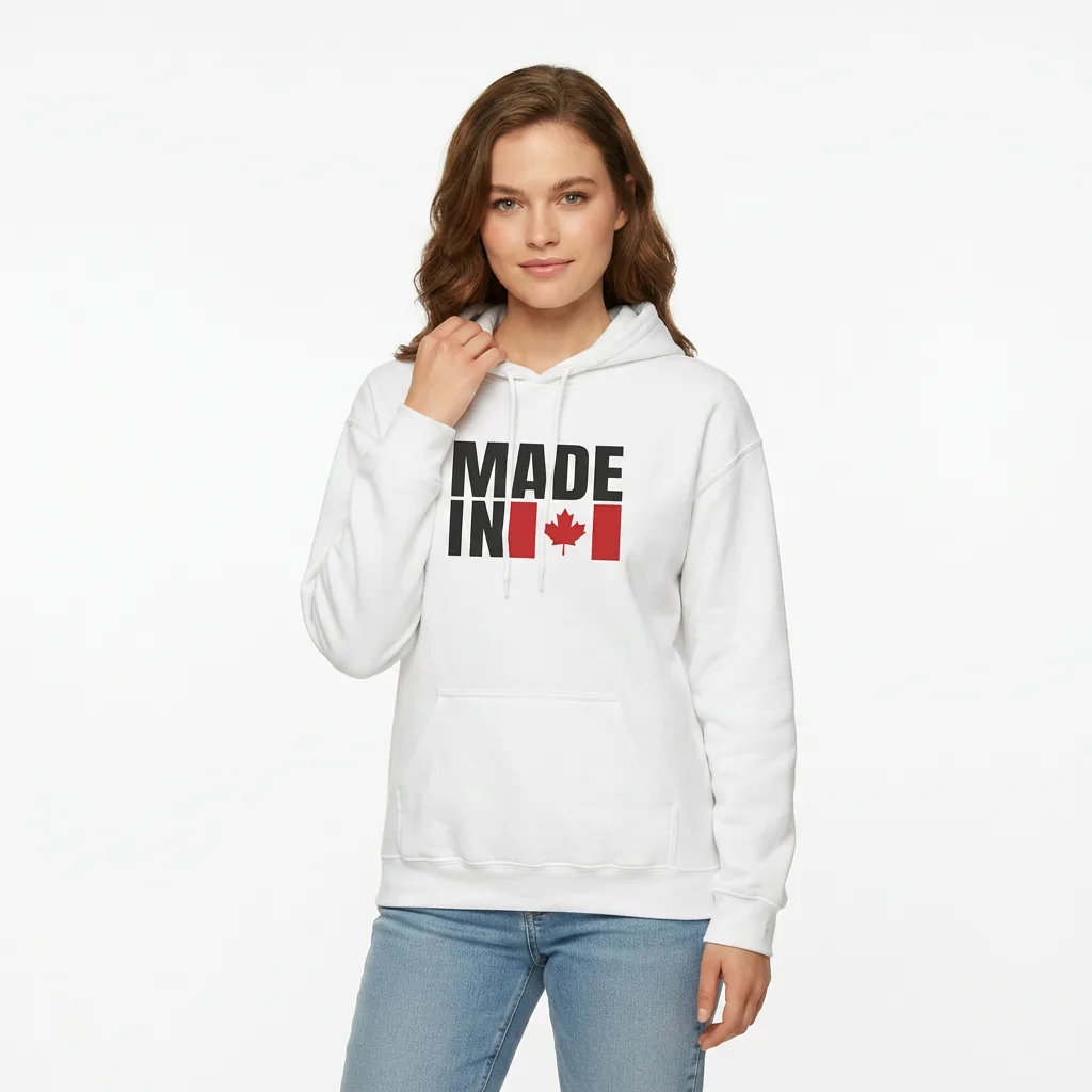 Model wearing made in Canada hoodie