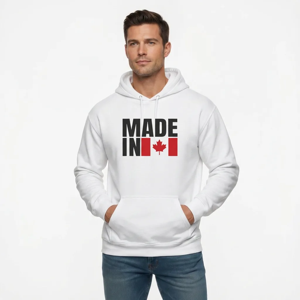 Model wearing made in Canada hoodie