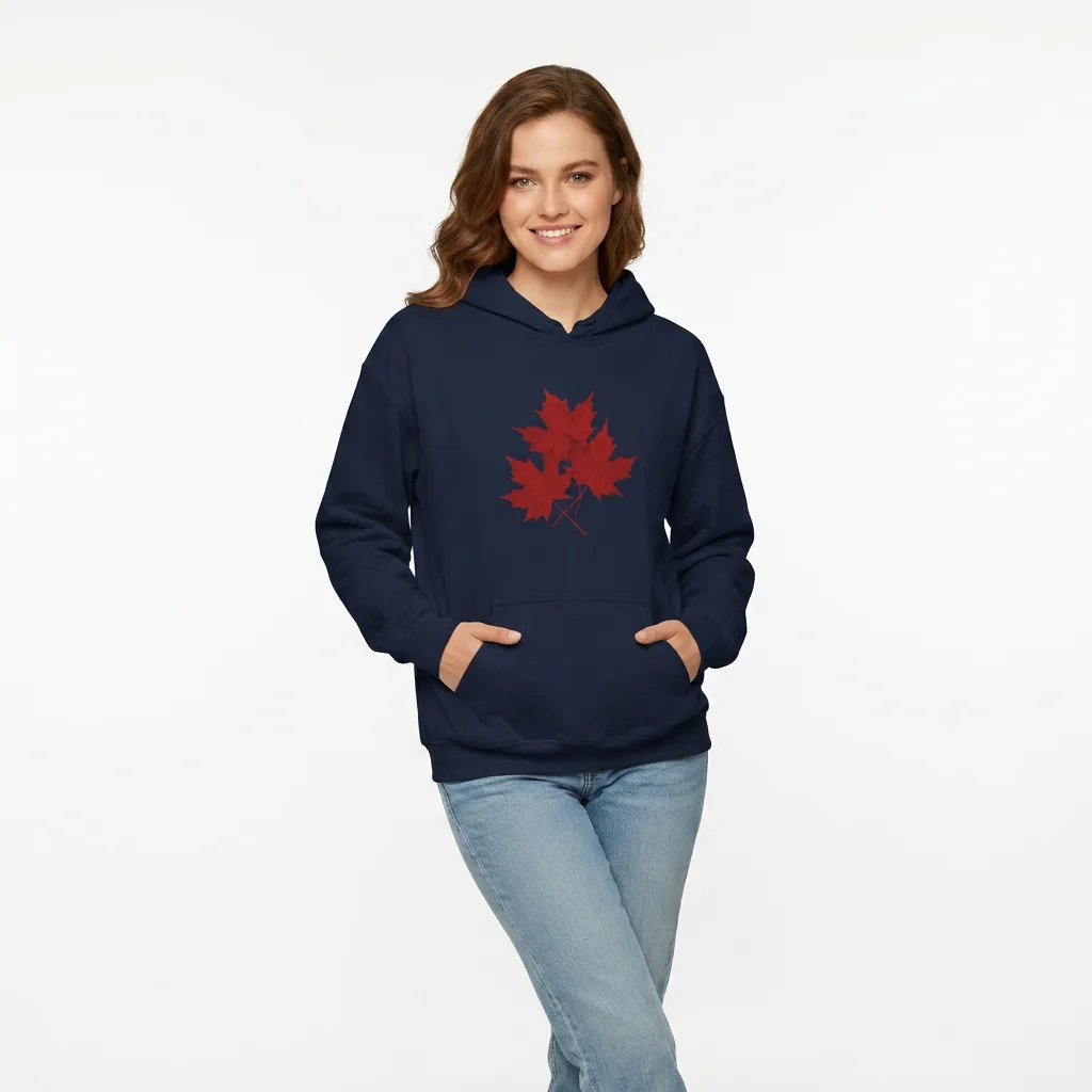 Model wearing maple leaves hoodie