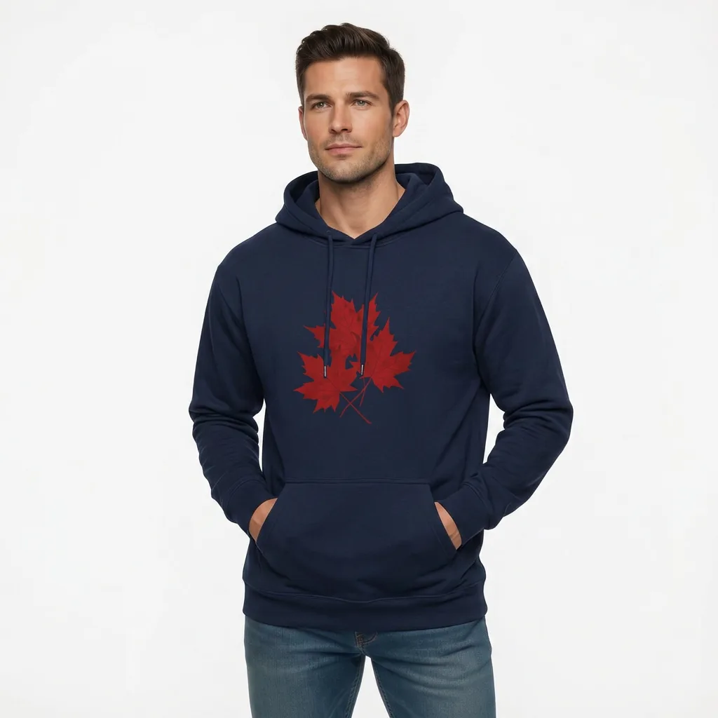 Model wearing maple leaves hoodie