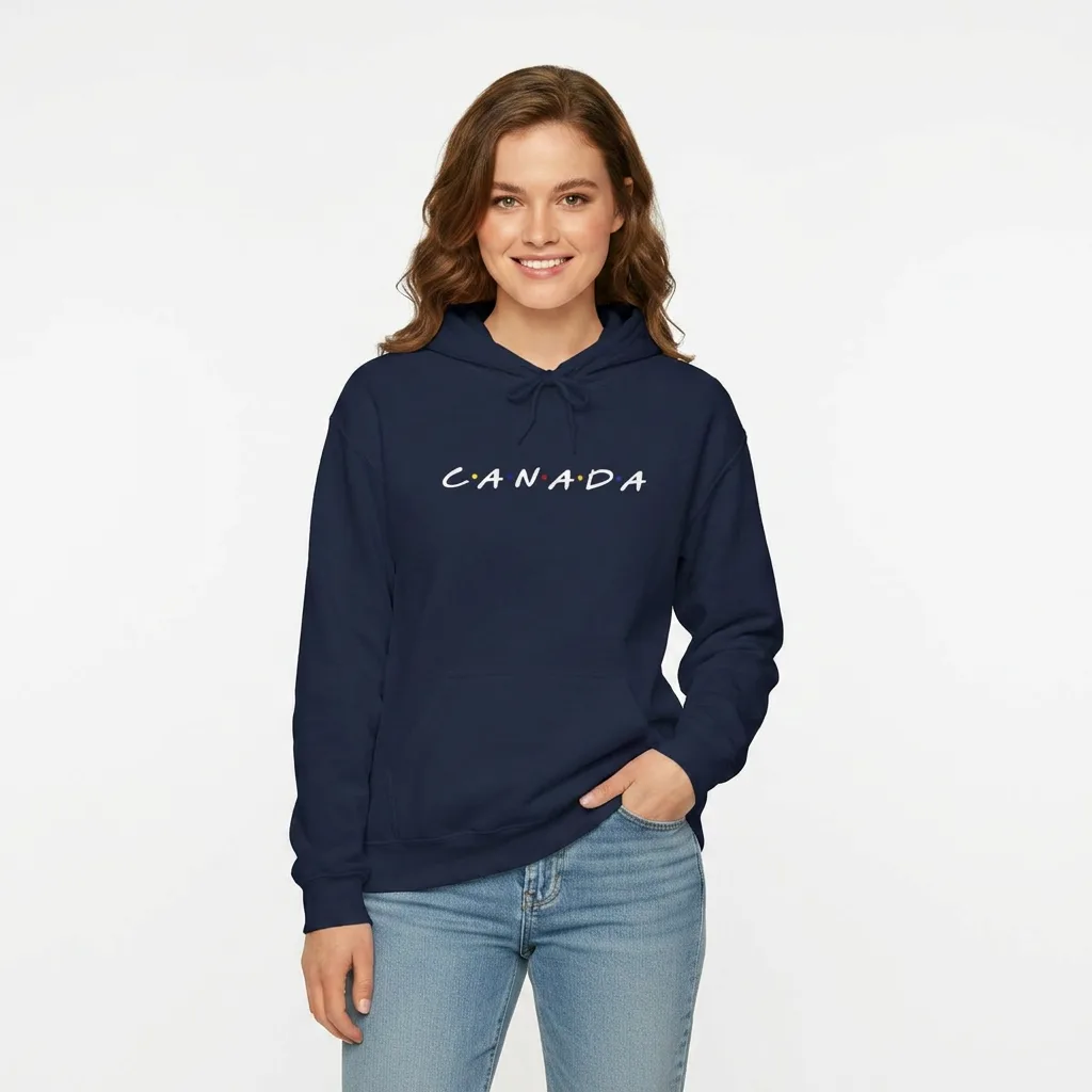 Model wearing a hoodie with canada text stylized as the friends show logo