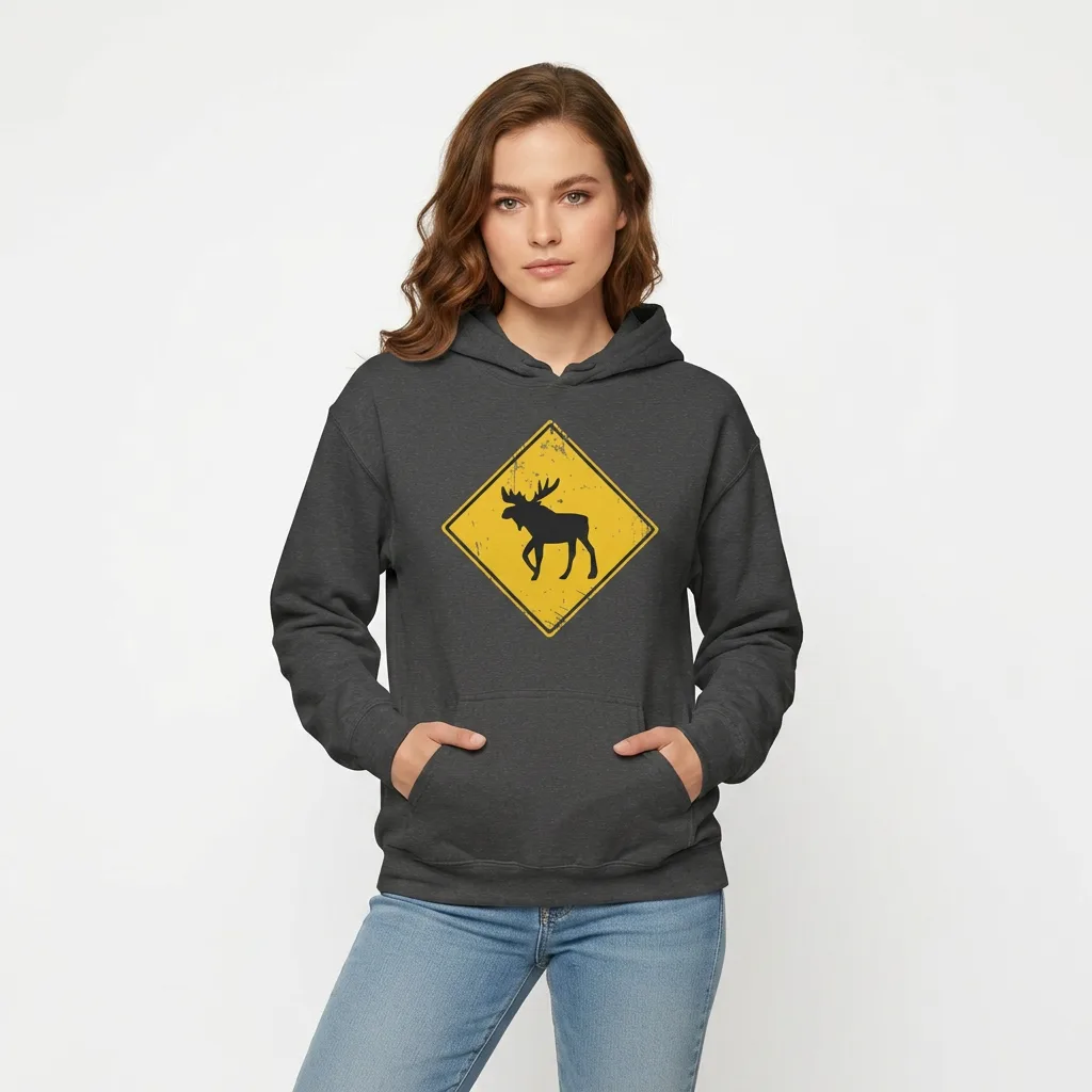 moose crossing hoodie female model